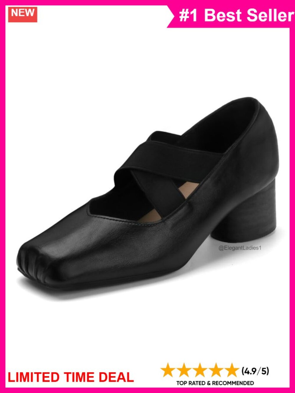 Mary Jane Ballet Heels Square Toe Pumps with Elastic Strap